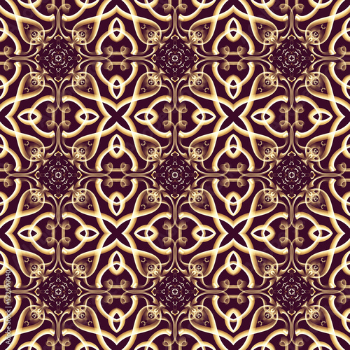 Seamless ornamental royal surface pattern in golden color with maroon background. Use for fashion design, clothing, fabrics, home decoration, bedding, wallpapers, invitations and greeting cards