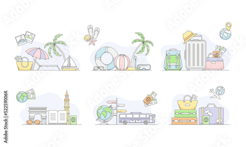 Travelling Around the World and Journey to Other Country for Vacation Line Vector Set