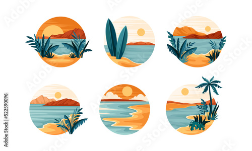 Tropical Landscape with Shining Sun and Sandy Beach with Palm Tree in Circle Vector Set