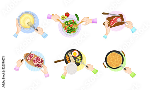 Top view of hands cooking tasty dishes set. Hands frying vegetables, beating eggs and cutting vegetables for salad vector illustration