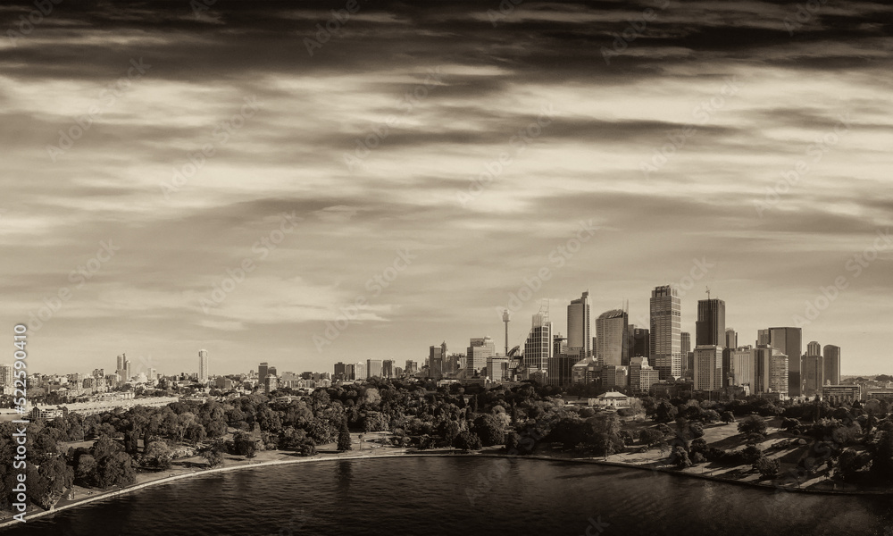 Fototapeta premium Sydney Harbour aerial panoramic view at sunset, New South Wales, Australia