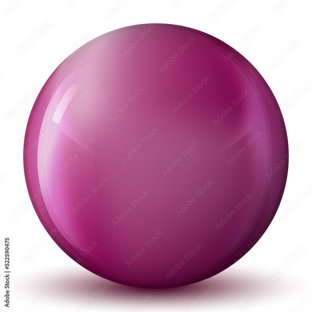 Fototapeta premium Glass purple ball or precious pearl. Glossy realistic ball, 3D abstract vector illustration highlighted on a white background. Big metal bubble with shadow.