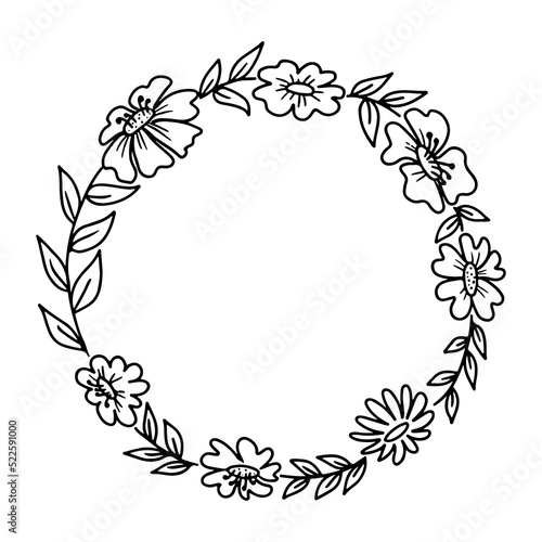 Hand drawn floral wreath. Botanical wreath in line style. Doodle vector illustration.
