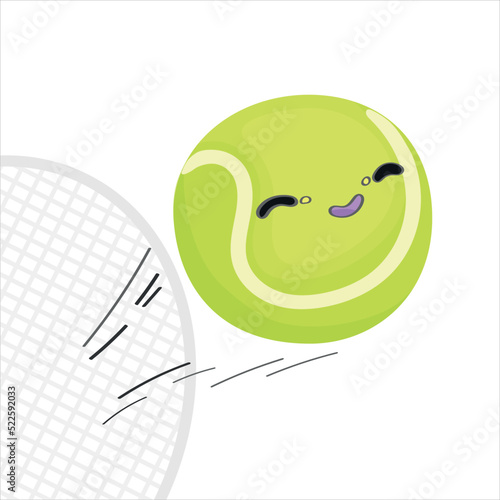 The tennis ball joyfully flies to victory in the tournament. Cute character in cartoon style for illustration of sports competition.