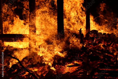 Buergbrennen festival in Luxembourg. Celebrating end of winter beginning of spring by burning mock castles. Red coal and flames