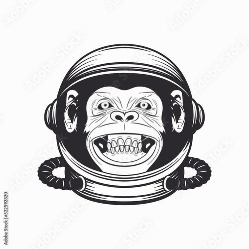 Vector Smiling Chimpanzee Ape with Astronaut Helmet, Funny Monkey with Cosmonaut Mask for Space Exploration. Spaceman Head Protection for Wall Art, T-shirt Print, Poster. Cartoon Cute Chimp Monkey
