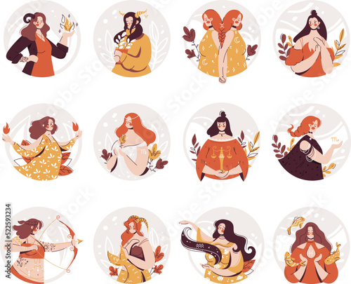 Girls zodiac signs. Set of female characters. Flat cartoon vector illustration isolated on white background