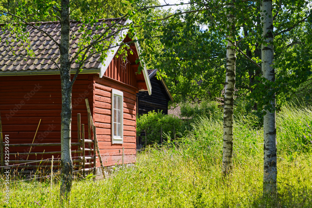 Typical red Scandinavian house with white windows in a peaceful countryside, beautifully lit Typical red Scandinavian house with white windows in a peaceful countryside, beautifully lit