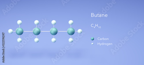 butane, colorless gas, molecular structures, 3d rendering, Structural Chemical Formula and Atoms with Color Coding photo
