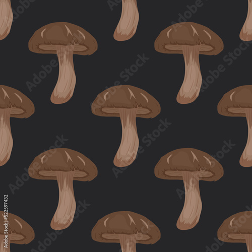 Vector Seamless Pattern with Shiitake Mushroom on Black. Seamless Texture, Hand Drawn Cartoon Shiitake Mushrooms. Design Template for Textile, Wallpaper, Print