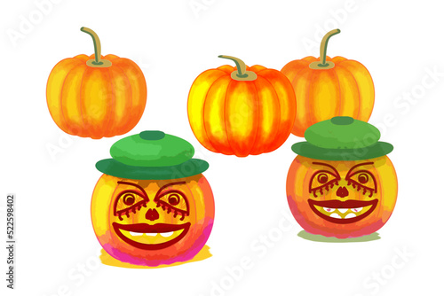 Pumpkins, vegetables and characters for Halloween decoration, color drawing on a transparent background, for printing and design © Валентина Андреева