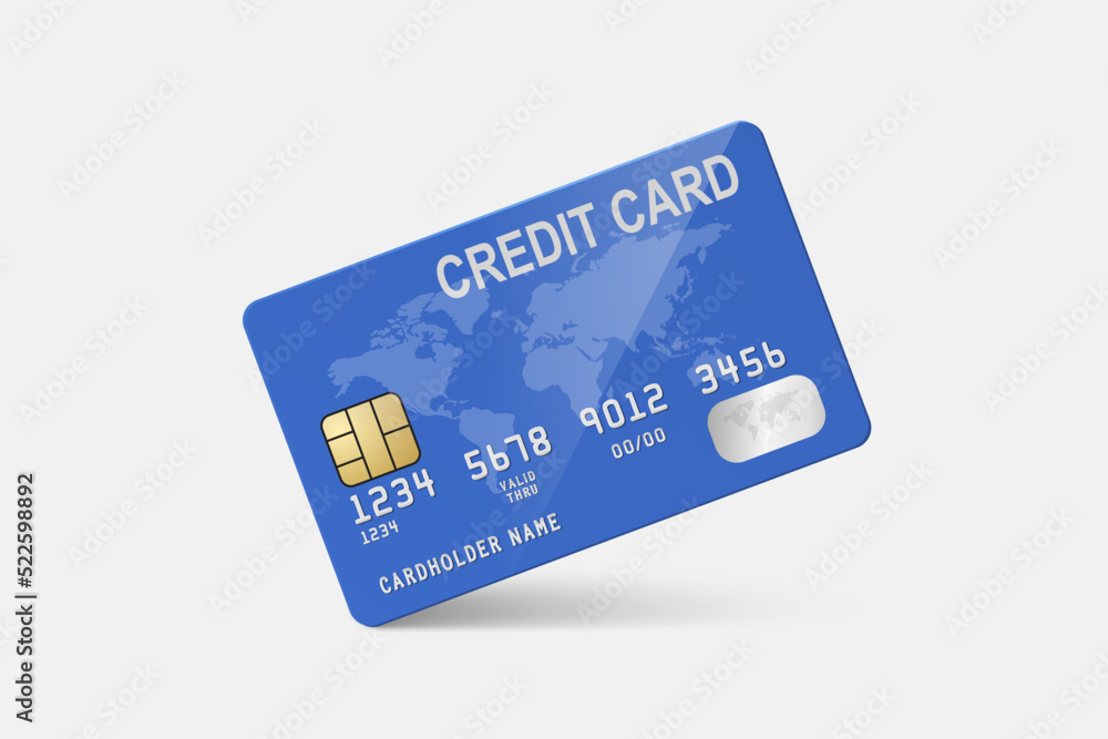 Vector 3d Realistic Blue Credit Card on White Background. Design Template of Plastic Credit or Debit Card. Credit Card Payment Concept. Front View Vector 3d Realistic Blue Credit Card on White Background. Design Template of Plastic Credit or Debit Card. Credit Card Payment Concept. Front View