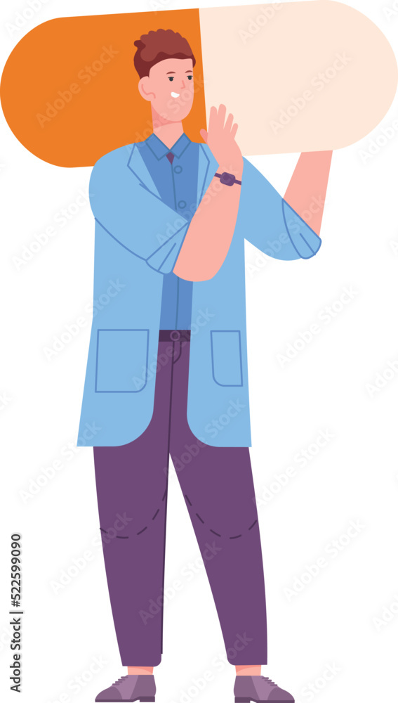 Big pharma concept. Man carrying giant drug pill Big pharma concept. Man carrying giant drug pill