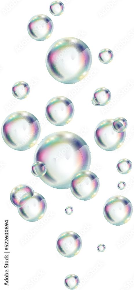 Bubbles group. Realistic glossy air spheres. Rainbow foam
