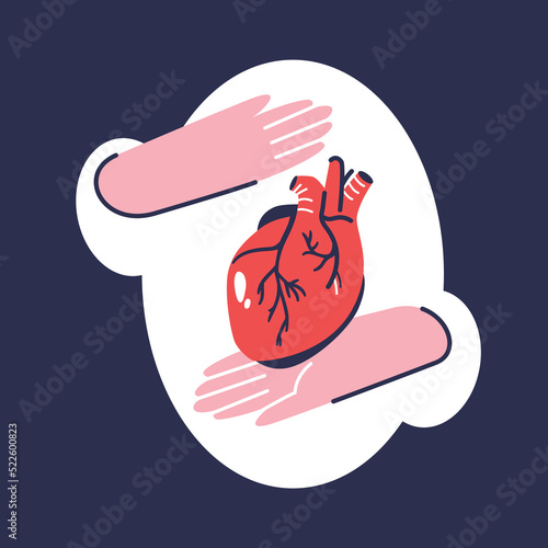 Medical examination of the heart and cardiovascular system with care for your health. Illustration in cartoon style flat graphic. Banner with a human heart in hands.