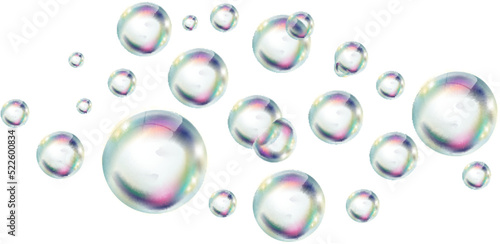 Realistic clear foam. Transparent glossy rainbow bubbles