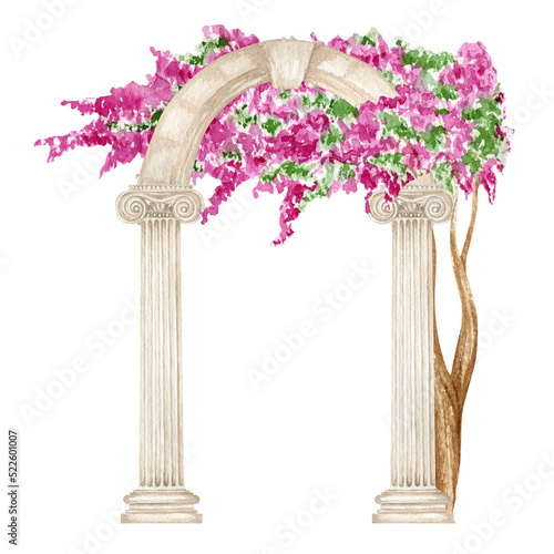 Canvas Print Watercolor antique arch column ionic order with bright pink flowers, Ancient Cla