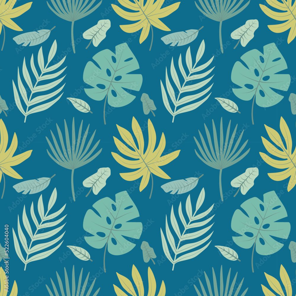 Summer seamless pattern of tropical leaves with a monstera, a palm branch in a green-yellow palette on a dark green blue background. For product design, textile, wrapper, background.