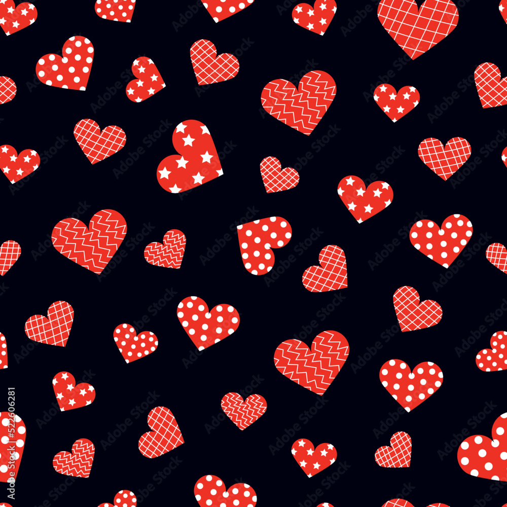 Hand-drawn doodle seamless pattern with hearts and stars. Design elements for Valentine's day. Dark navy color background and multicolor elements. Hand-drawn doodle seamless pattern with hearts and stars. Design elements for Valentine's day. Dark navy color background and multicolor elements.