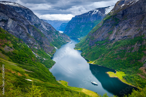 Naeroyfjord from above with ferry boat in western Norway, Scandinavia photo