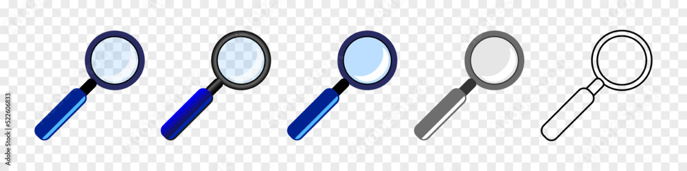 Magnifying glass icon. Set of icons in different style. Flat, realistic and line. Vector illustration isolated on transparent background. Magnifying glass icon. Set of icons in different style. Flat, realistic and line. Vector illustration isolated on transparent background.
