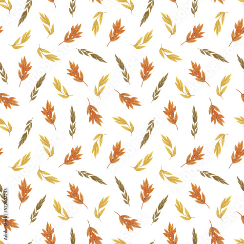 Orange, yellow, brown autumn leaves simple repeat pattern watercolor seasonal seamless ornament for textile, gift paper, invitations any holiday thanksgiving design, vintage romantic hand drawn style © Contes de fée 