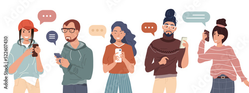 Young Fashionable People Looking on Smartphones and Chatting. Happy Boys and Girls talking and typing on Phone. Female and Male Characters collection. Flat Cartoon Vector Illustration.
