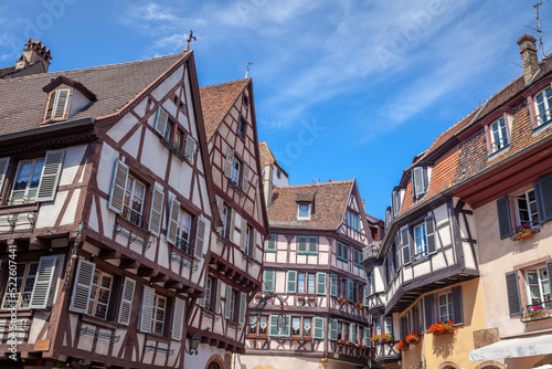 Colmar alsatian architecture at springtime with flowers, Eastern France