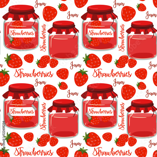 Background jam made of strawberries, jars, jams, rolls. Used in textile illustration, kitchen illustration, gift wrapping. Background, pattern, seamless.