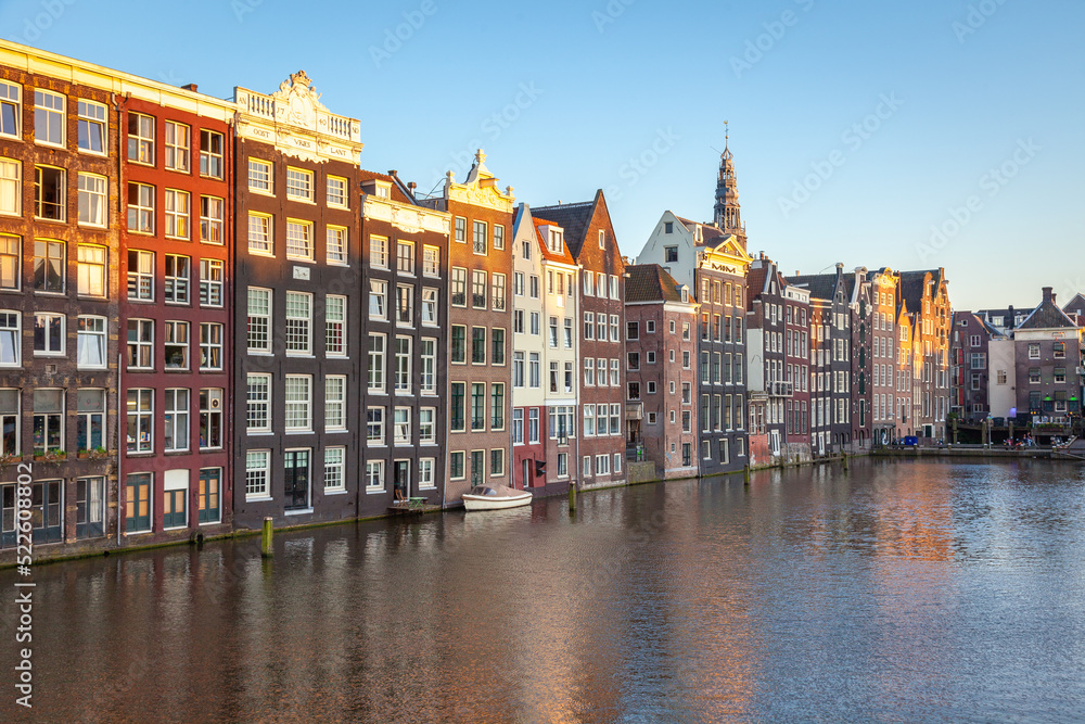 Amsterdam canal with houseboats and dutch architecture, Netherlands
