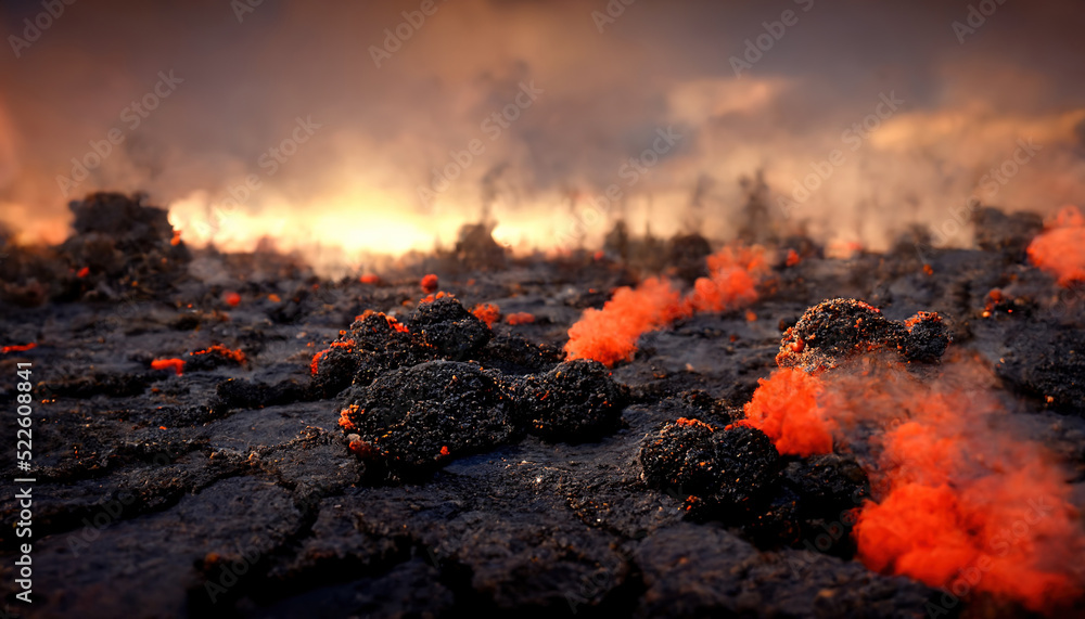 Apocalyptic volcanic landscape with hot flowing lava and smoke and ash clouds. 3D illustration. Apocalyptic volcanic landscape with hot flowing lava and smoke and ash clouds. 3D illustration.