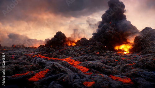 Apocalyptic volcanic landscape with hot flowing lava and smoke and ash clouds. 3D illustration. photo