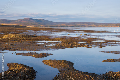 View of the shallow lagoon at low tide. The coast of a shallow sea lagoon. Hills in the distance. Natural landscape. photo