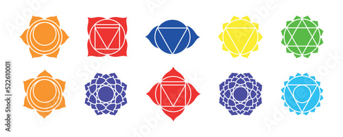 Seven chakras vector symbols signs, mystical esoteric, yoga and meditation. Buddhism, Hinduism. Set of colored Chakra meaning seven meditation wheel used in variety of ancient spiritual practices.
