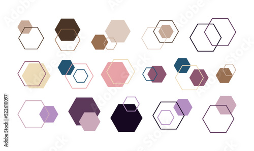 Set geometric decorative elements from hexagons. Vector illustration for trendy stylish modern design and decor, for creative collage. Geometric minimalistic hexagons elements.