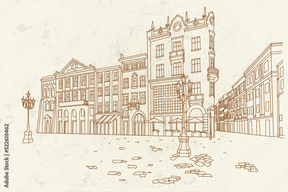 Vector sketch of street scene in Lviv, Ukraine.