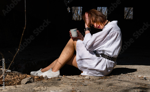 Sick asian woman has a chronic cough with tonsillitis,ill child girl touch the neck with fever,acute cough,sore throat pain irritation,voice is hoarse from cold,influenza, respiratory tract infection