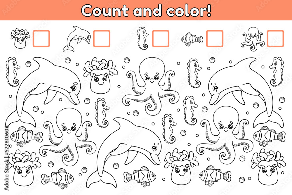 Educational math game for kids. Find, count how many objects and color ...