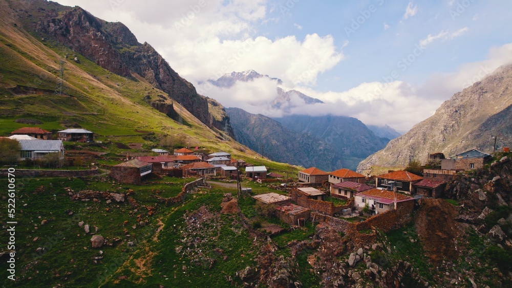 aerial view of the small settlement in Kazbegi, Georgia. High quality photo