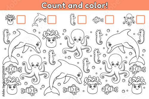 Educational math game for kids. Find  count how many objects and color. Worksheet for kindergarten and preschool. Vector illustration of cartoon sea animals.