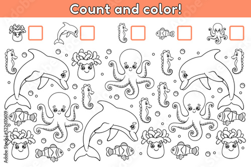 Educational math game for kids. Find, count how many objects and color. Worksheet for kindergarten and preschool. Vector illustration of cartoon sea animals.