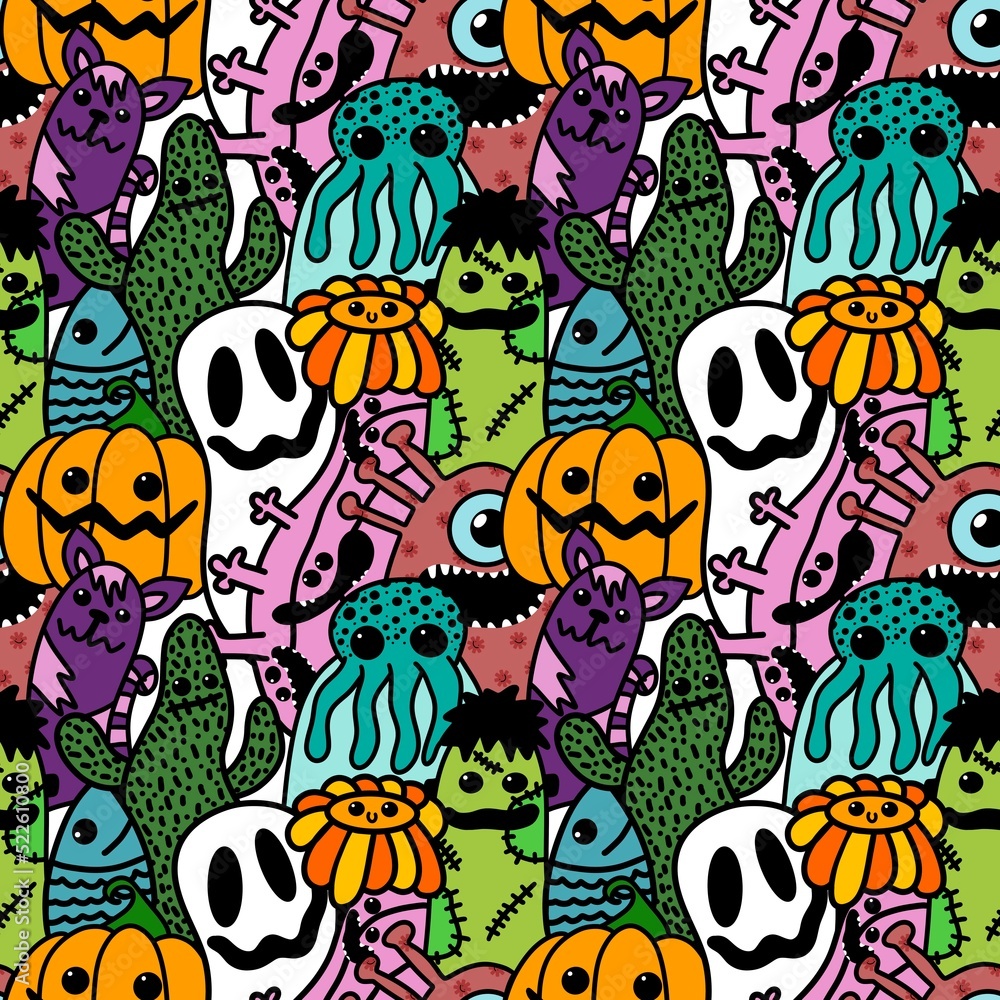 Halloween cartoon seamless doodle ghost and pumpkins and cactus and monsters pattern for wrapping and kid