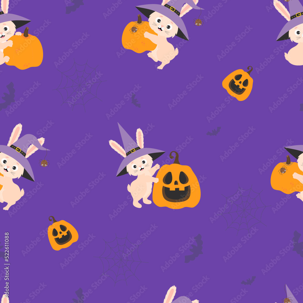 Fototapeta premium Cute Halloween background. Seamless pattern with funny Halloween bunny in witch hat with spider and Jack Pumpkin on purple background with bats and cobwebs. Vector illustration. kids collection.
