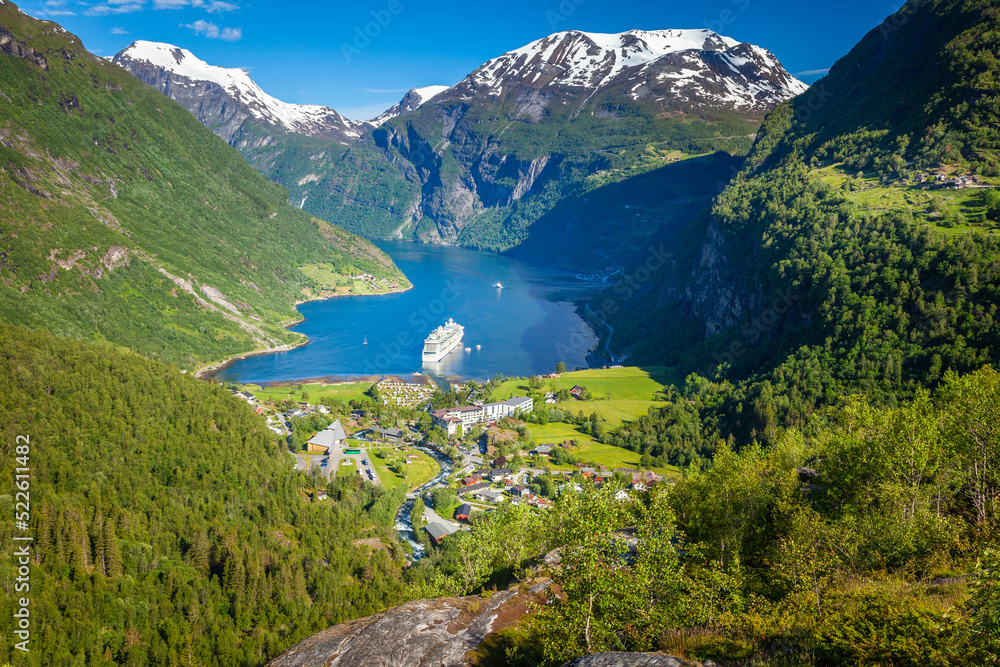 Above Geiranger fjord, ship and village, Norway, Northern Europe