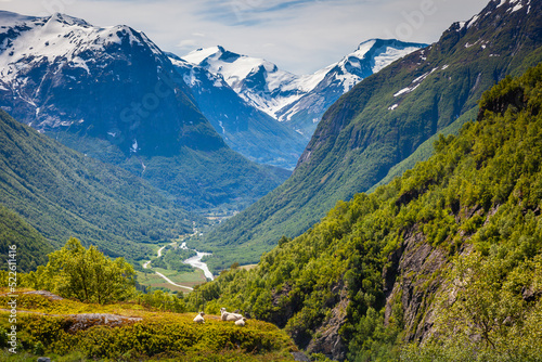 Dramatic mountains landscape in Stryn from Gamle road, western Norway photo