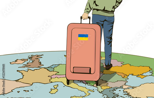 A Ukrainian woman with a suitcase on wheels walks along the map of Europe. The concept of refugees, migration, emigration and the war that Russia started against Ukraine. Vector image, illustration.