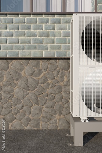 half of a two-fan air conditioner against a brick wall 3d 