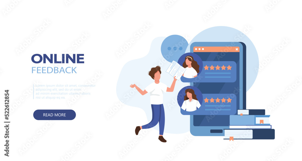Online survey and rating scene. Character giving five star feedback. User experiences concept. Flat cartoon vector illustration isolated. Online survey and rating scene. Character giving five star feedback. User experiences concept. Flat cartoon vector illustration isolated.