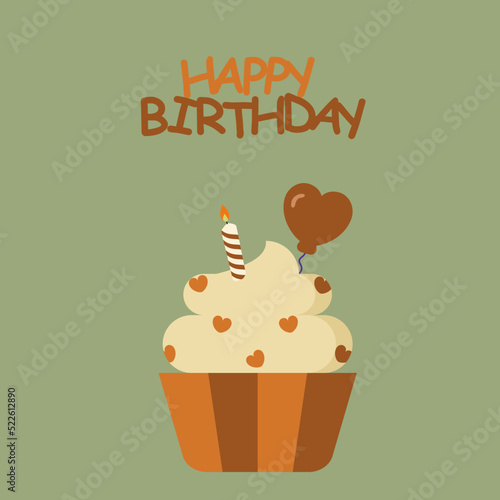 Greeting card with a Birthday cupcake with burning candle 
