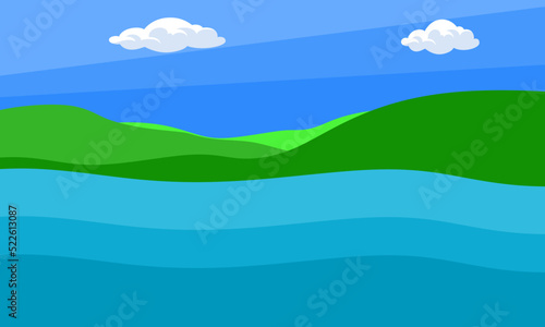Riverbank Illustration. water and land resources. grass  mountains and the lake. Riverbank vector 